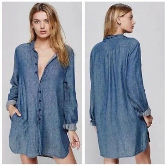 CP Shades x Free People Blue Linen Cotton Blend Button Front Cecelia Tunic Small - Picture 1 of 12